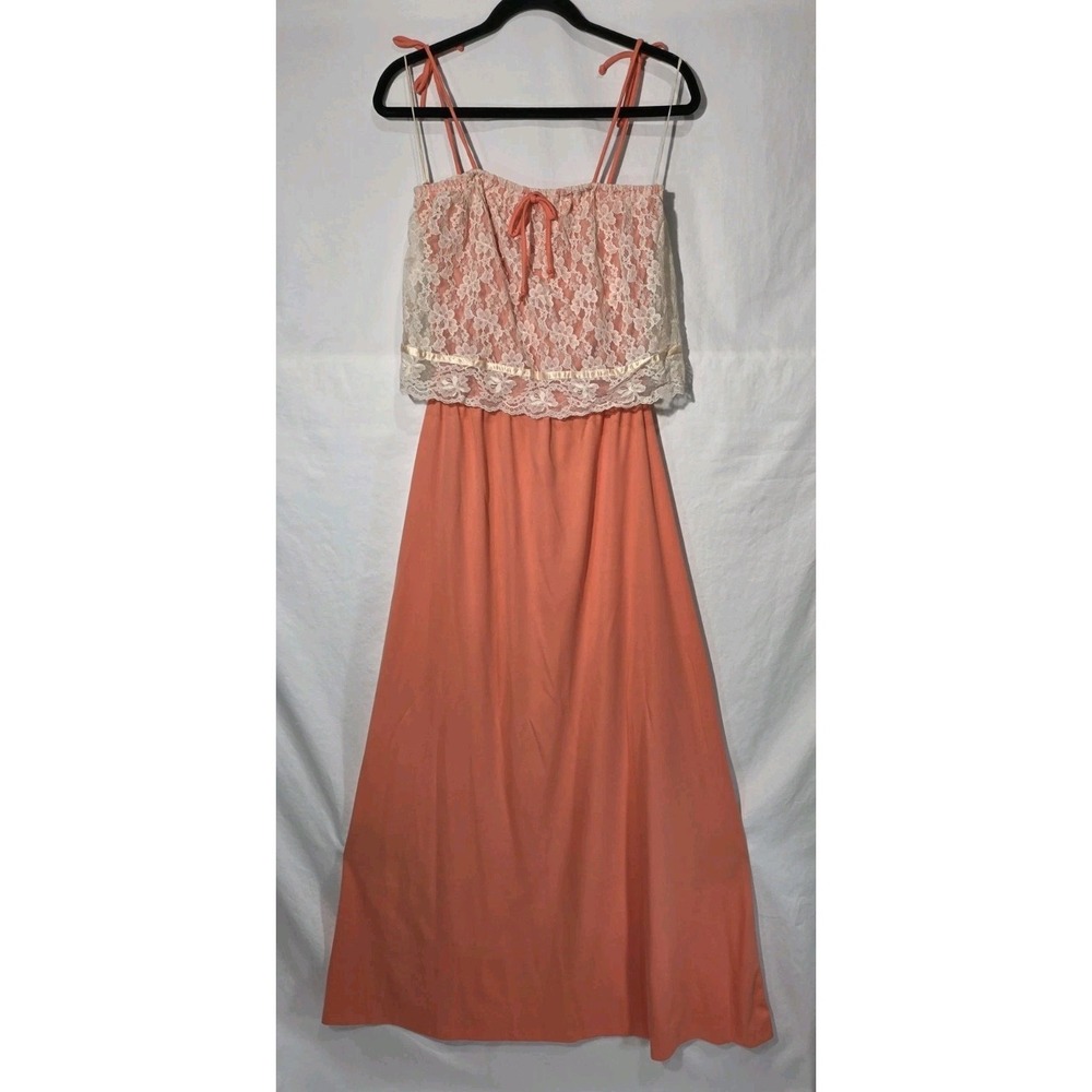 Vtg 60s 70s Maxi Dress Lace Overlay Coral Sz 16 Elastic Waist Tie Straps Boho